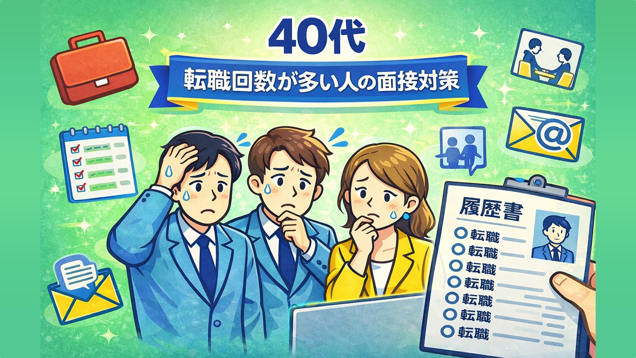 40代で転職回数が多い人が履歴書を見ながら面接対策に悩み、自己紹介や退職理由の伝え方を考えている様子のイラスト