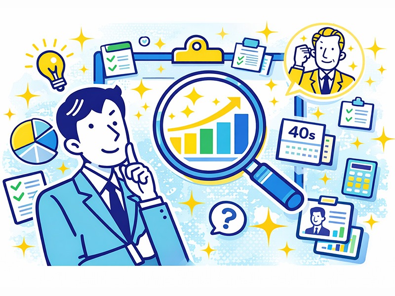 40代で転職回数が多いかを客観的に判断するために、グラフや拡大鏡で平均や評価基準を整理するビジネスイラスト