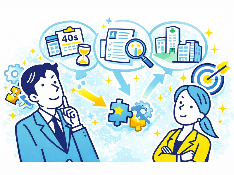 40代で転職回数が多い人が再就職に向けてブランクや職務経歴を整理し、戦略的に応募領域を考える様子を表したイラスト
