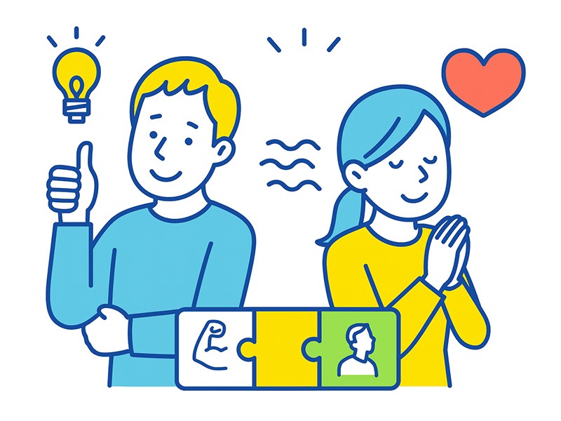 40代が向いている仕事を見極めるために、強み・制約・持続性を整理する様子を表したイラスト。3つの軸をイメージしたアイコンを配置した構図。