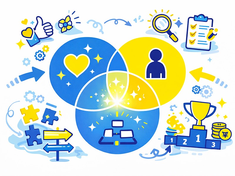 40代で向いてる仕事を考えるために、好き・得意・求められる役割の重なりから適職の判断軸を整理したイラスト