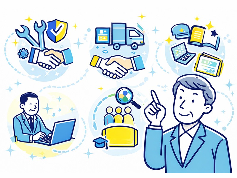 50代男性におすすめの仕事と資格をイメージしたイラスト｜経験を活かせる職種・一人でできる仕事・安定性を表現