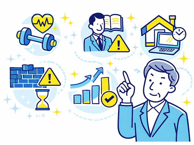50代から始める仕事の現実を示すイラスト｜体力・経験・未経験の壁・働き方・継続性の5要素を整理する構図