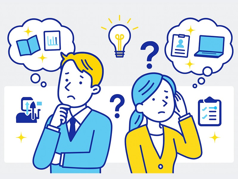 50代から始める仕事の基本理解をイメージしたイラスト。未経験と経験活用の働き方に迷う男女が思案している様子を表現。