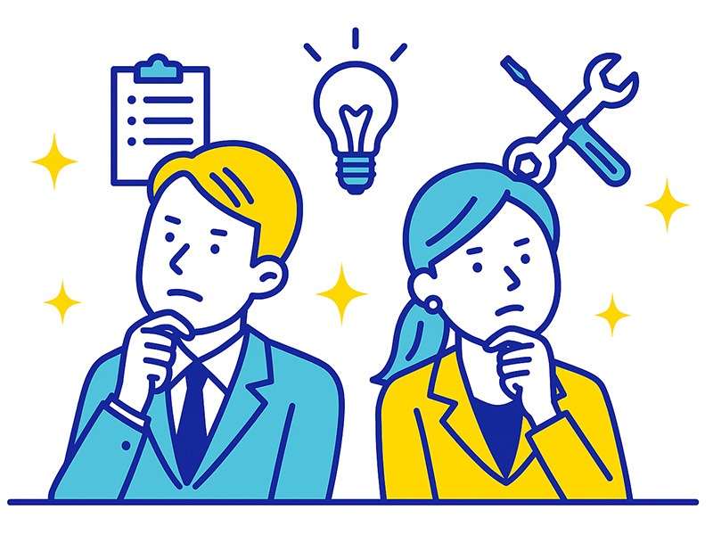 50代から始める仕事で経験を活かしやすい職種をイメージしたイラスト。調整力や判断力を使って働く男女を表現した構図。