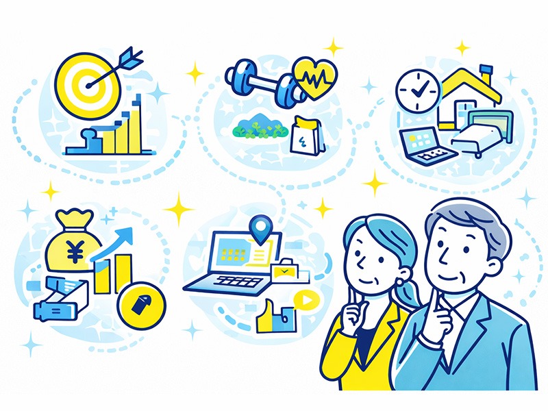 50代が長く続けられる仕事の選び方を示すイラスト｜目的・体力・生活リズム・収入・働き方の5基準を整理した構図