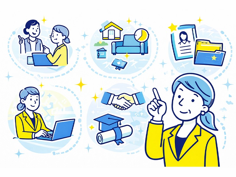 50代女性におすすめの仕事と資格をイメージしたイラスト｜体力負担を抑え生活経験を活かせる働き方と長く続けられる職種を表現