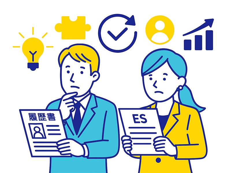 就活の書類選考で通過率を上げる応募書類の戦略設計をテーマにしたイラスト。履歴書とESを見比べながら戦略を練る男女の就活生が、チェックマークや矢印、成長を示すグラフなどのアイコンに囲まれている青と黄色のフラットデザイン。
