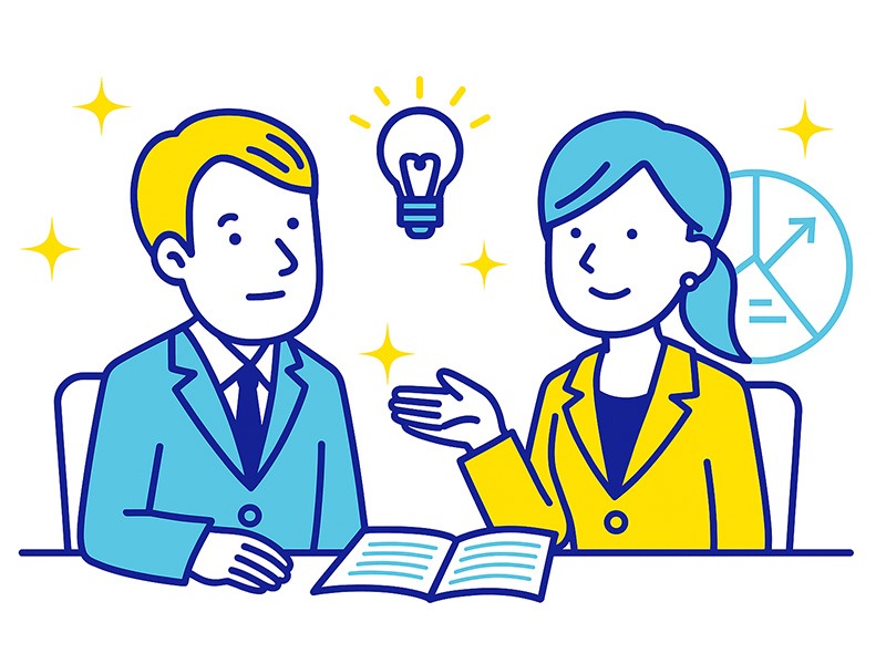 40代の転職面接でキャリアの一貫性を整理し、安定感と再現性を伝える青と黄色のフラットイラスト