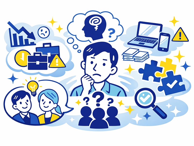 30代で未経験転職に悩む理由を整理し、将来への不安や情報過多による迷いを表したイラスト