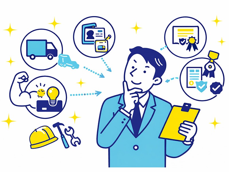 40代男性が未経験で始める仕事と資格について、経験の活かし方や採用されやすさを考えているイラスト