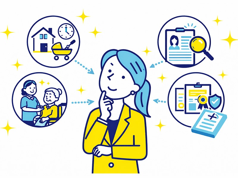 40代女性が未経験で始める仕事と資格について、働き方の柔軟性や生活との両立を考えているイラスト