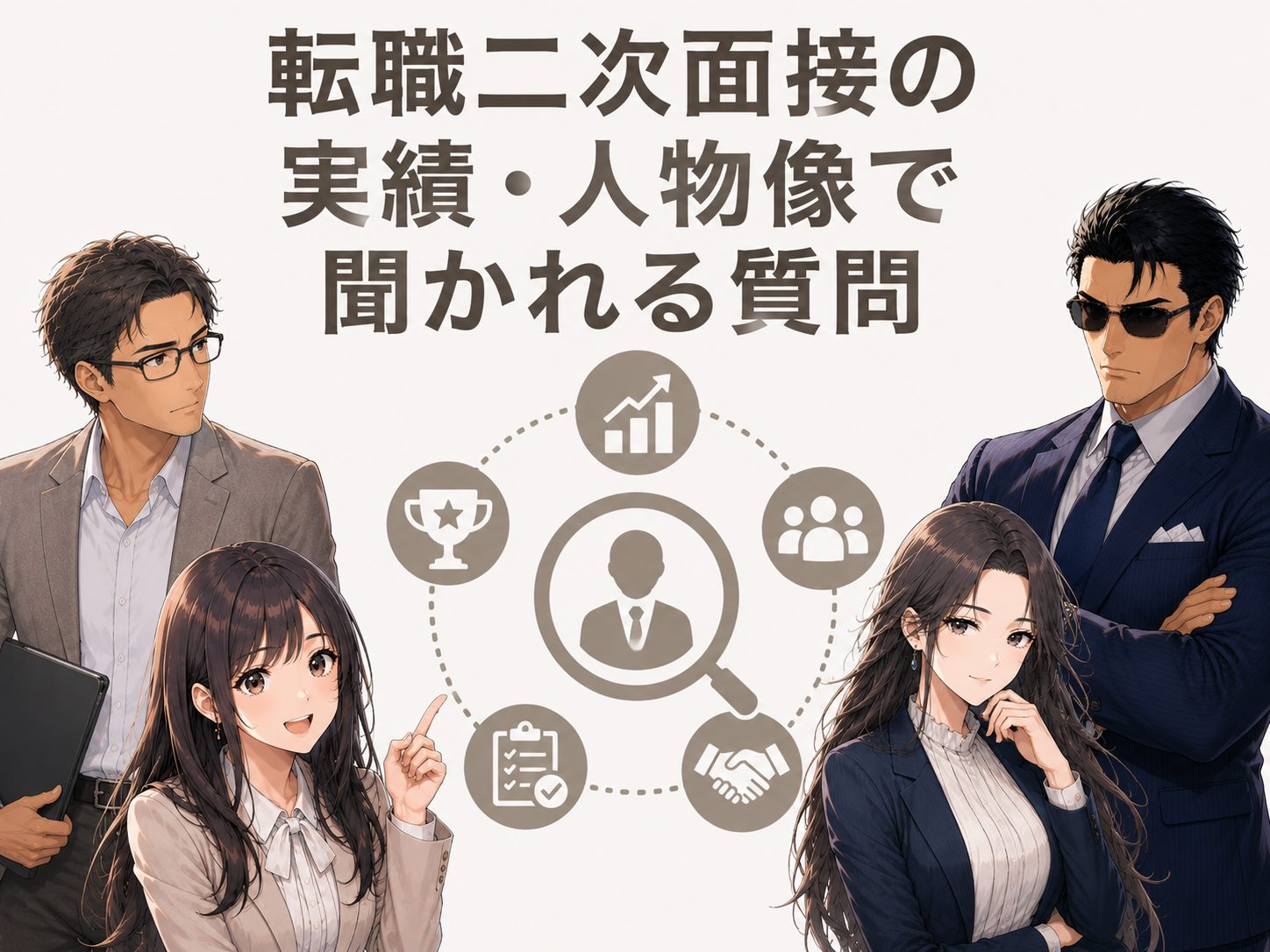 転職二次面接で実績や人物像について聞かれることを紹介するイメージ画像。中途採用の質問例や経験、強み、価値観、評価ポイントを解説