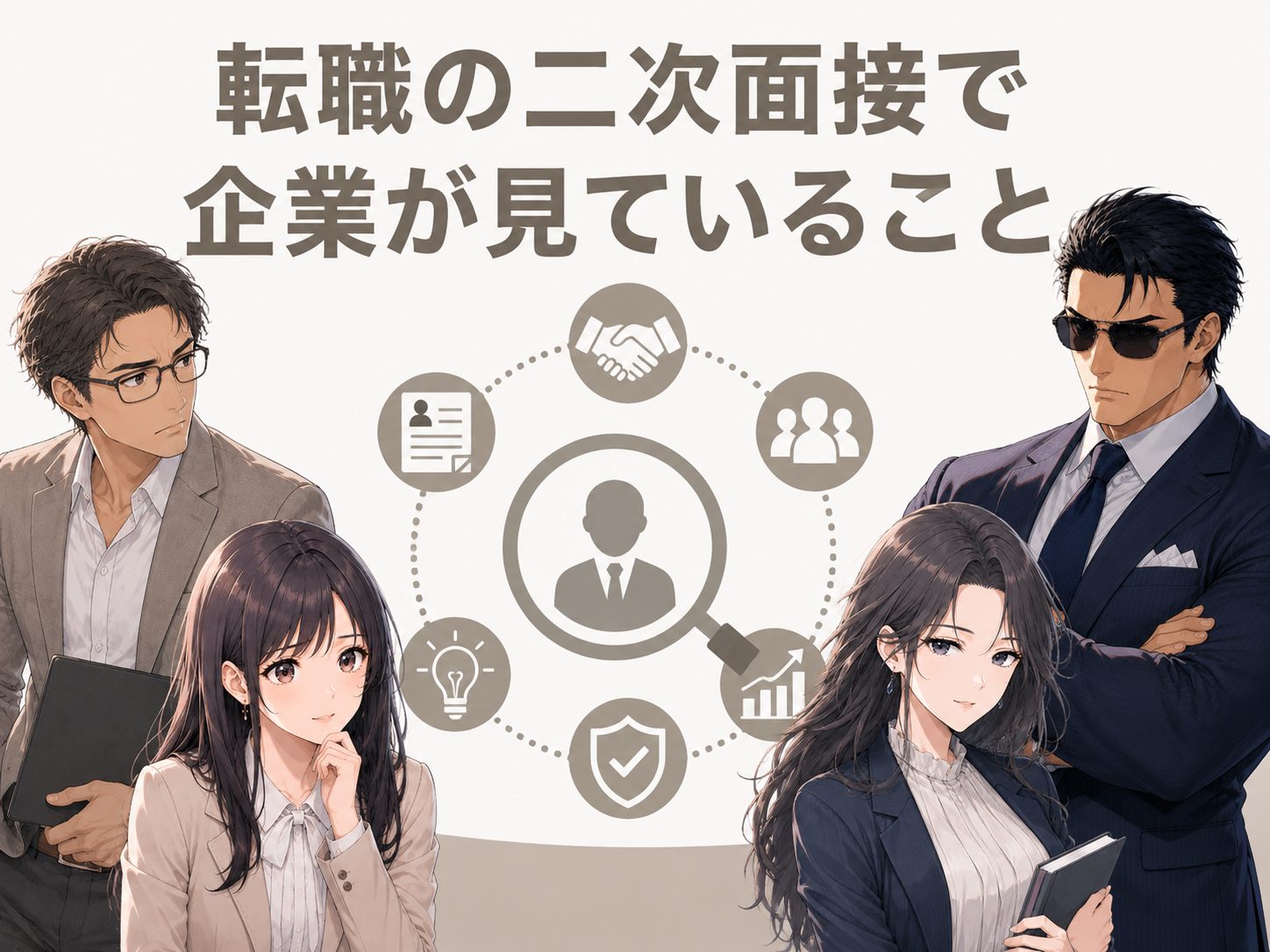 転職二次面接で企業が見ていることを解説するイメージ画像。中途採用で聞かれることや評価基準、現場で活躍できる人材として見られるポイントを紹介