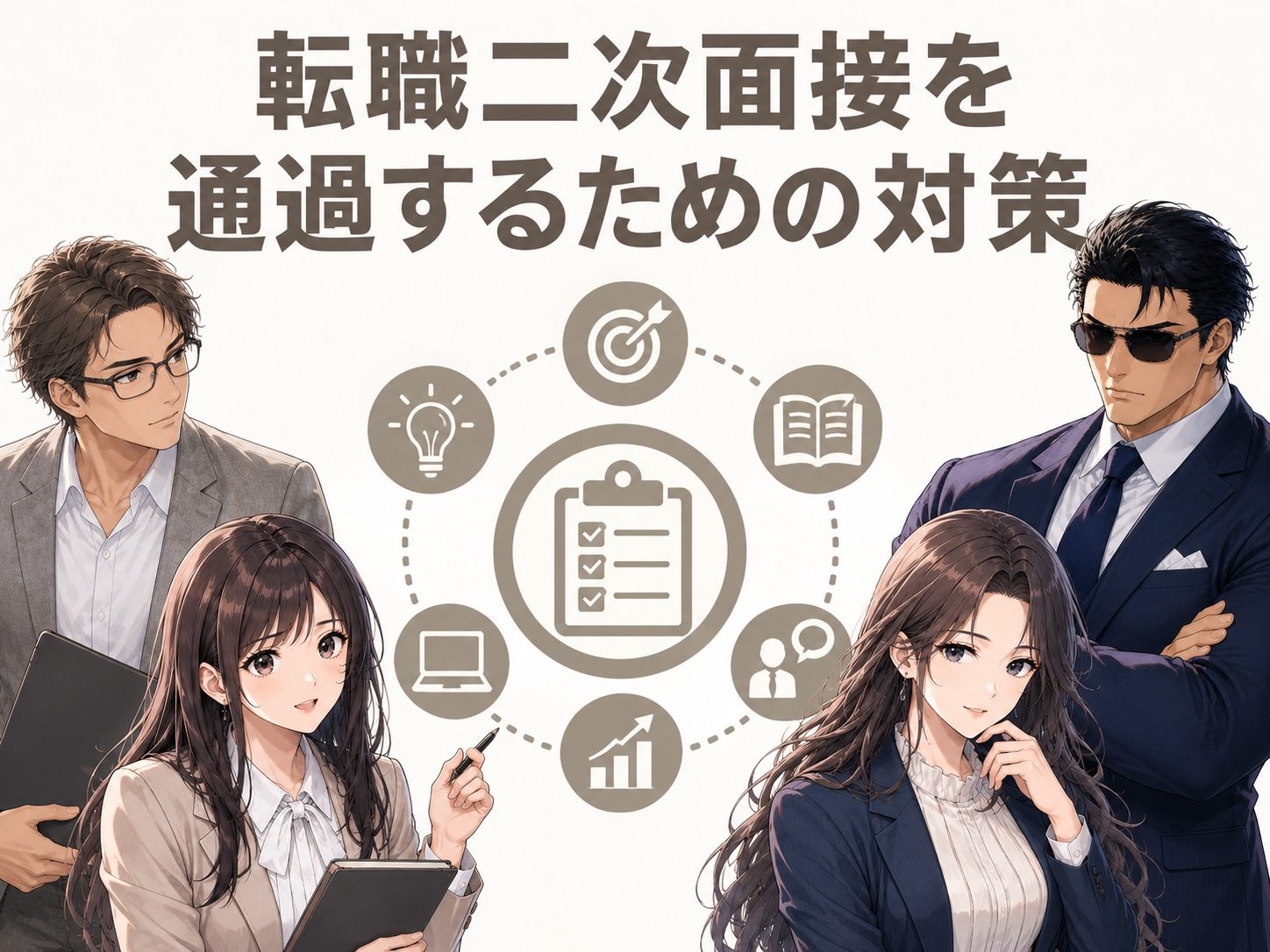 転職二次面接を通過するための対策を紹介するイメージ画像。中途採用で聞かれることを踏まえ、自己紹介や回答の一貫性、深掘り質問への準備方法を解説
