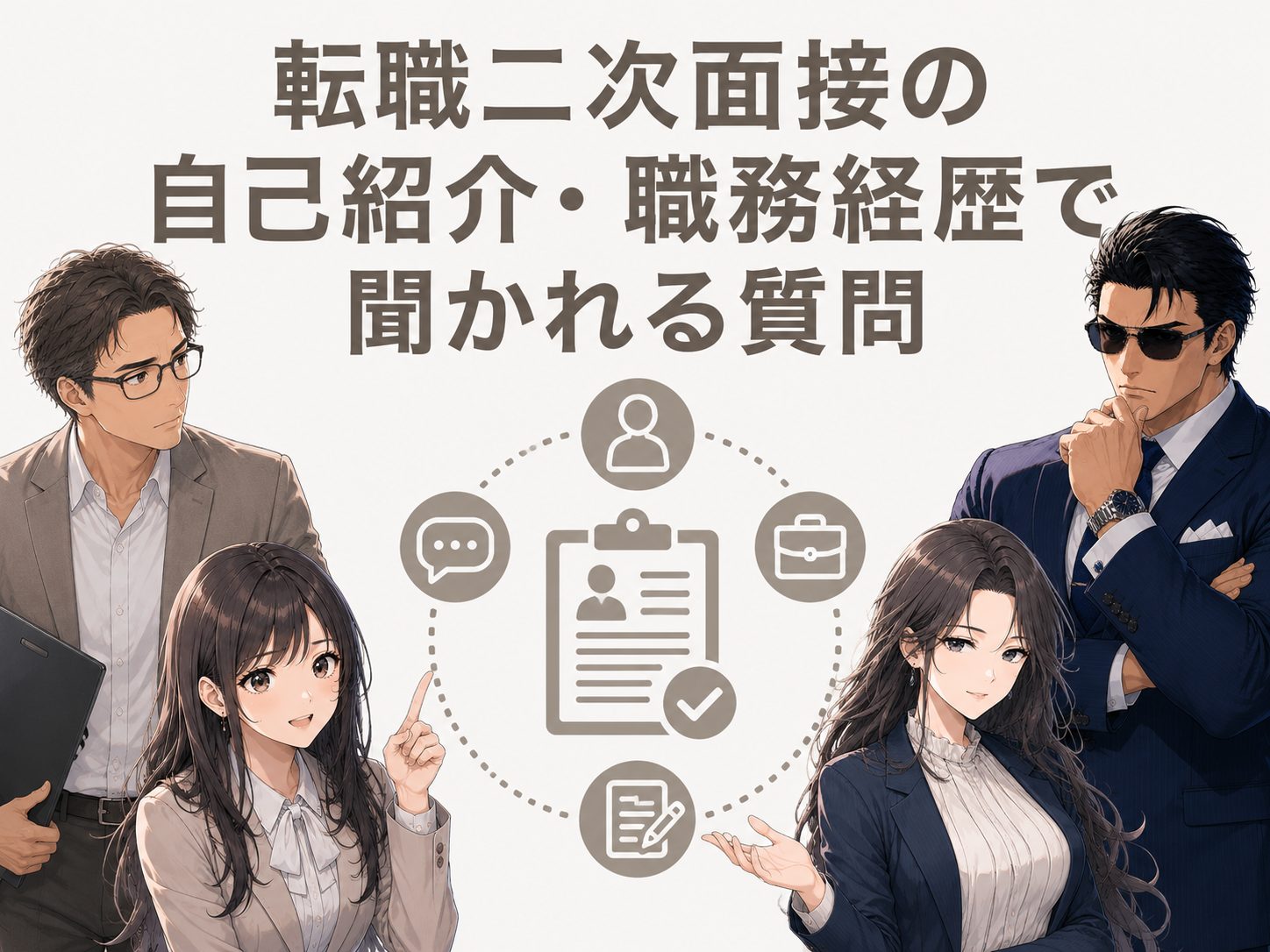 転職二次面接の自己紹介や職務経歴で聞かれることを紹介するイメージ画像。中途採用でよくある質問例や深掘り質問、評価ポイントを分かりやすく解説