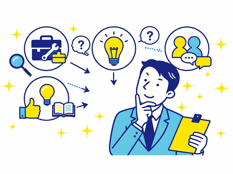 40代未経験で目指せる職業を判断するために、活かせる要素を整理して考えている男性のイラスト