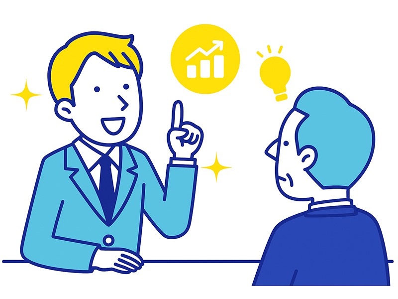 20代の面接で職務経歴を整理して伝えるコツを表現したイラスト。若手社会人が面接官に学びと成果を説明する姿を、青と黄色のフラットデザインで描き、グラフや電球アイコンを配置。