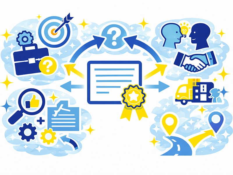 30代未経験転職に役立つ資格の考え方を示し、資格と仕事のつながりや選択肢の広がりを整理したイラスト