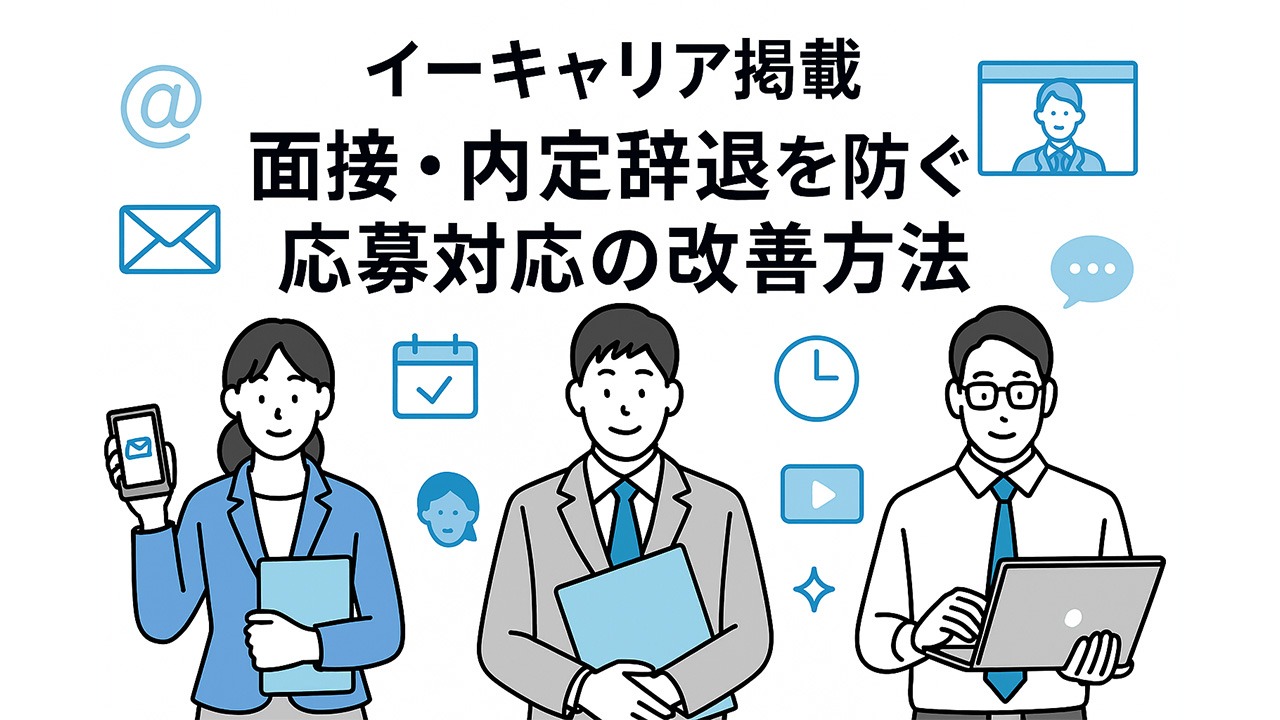 イーキャリア掲載における応募対応とフォローの仕組み化を表現したイラスト。採用担当者がチームで進捗共有を行い、自動スカウト配信やテンプレート共有機能を活用して対応品質を統一する様子を描いている。