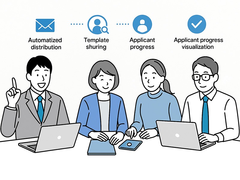 イーキャリア掲載における応募対応とフォローの仕組み化を表現したイラスト。採用担当者がチームで進捗共有を行い、自動スカウト配信やテンプレート共有機能を活用して対応品質を統一する様子を描いている。