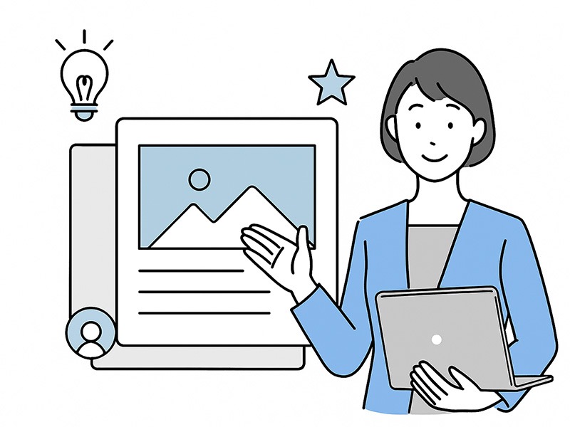 イーキャリアの特設ページオプションをイメージした横長イラスト。採用担当者が自社のブランドページをモニターで確認し、ビジュアルやアイコンで企業の魅力を表現している構図。