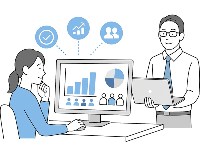イーキャリア掲載で採用データを活用し定着率を高める様子を描いたイラスト。採用担当者がグラフや分析画面を見ながら求人効果を検証し、改善サイクルを整えている。