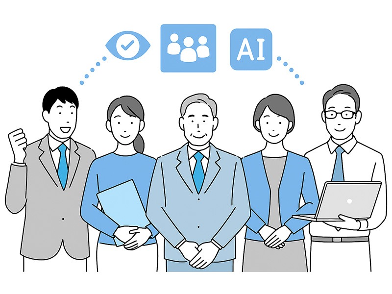 イーキャリア掲載で整う採用設計基盤をテーマにしたイラスト。採用担当者がAIレコメンドや求職者データを活用して採用要件を設計し、ミスマッチ防止と定着率向上を目指している。