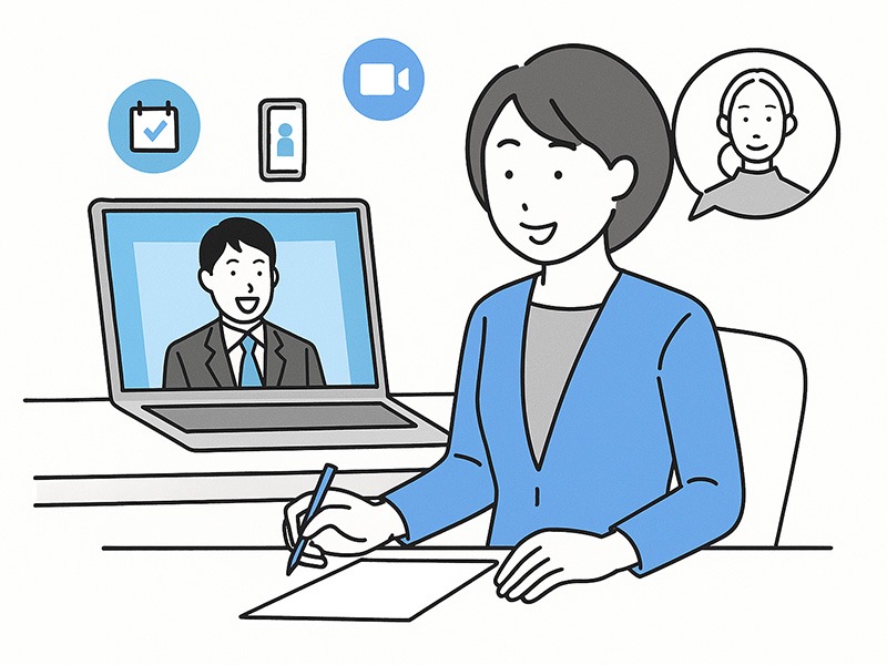 イーキャリア掲載における面接辞退防止のフォロー改善を表現したイラスト。採用担当者が応募者とオンラインで日程を調整し、カレンダーや通知アイコンを活用してスムーズな連絡を行う様子を描いた構図。