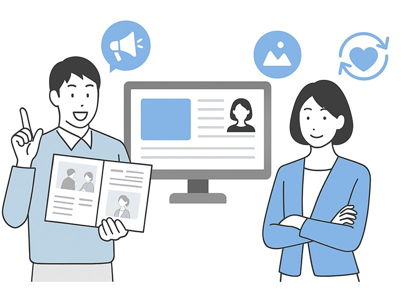 イーキャリア掲載で定着率を高める原稿構成と情報開示をテーマにしたイラスト。社員がフォトエリアやインタビュー内容を確認しながら求人ページを制作している様子を描いている。