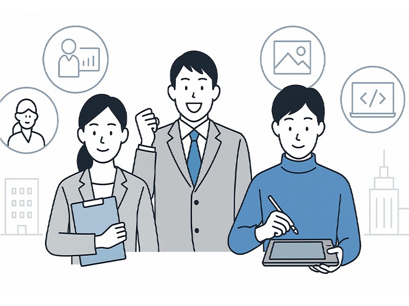 イーキャリアが強い職種・業界の傾向を表すイラスト。営業・事務・クリエイティブ・IT職など多様な人材が並び、背景に応募数やスカウト効果のグラフが描かれている。