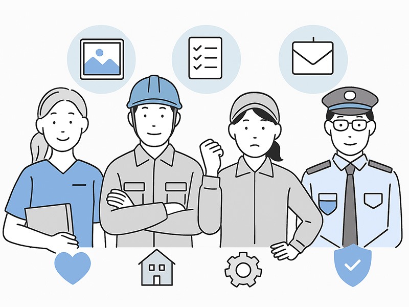 イーキャリア掲載で反響が出にくい職種と掲載時の工夫を表すイラスト。介護・建設・製造・警備職を象徴する人物が並び、背景にスカウトや待遇、動画訴求などのアイコンが描かれている。