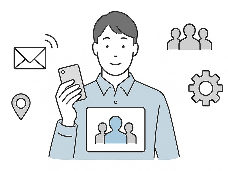 イーキャリアのメール配信オプションを表現した横長イラスト。採用担当者がスマートフォンで配信設定を確認し、メール・ターゲット・地域アイコンが並ぶ構図。