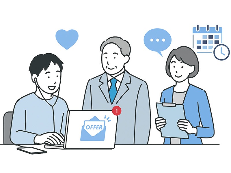 イーキャリア掲載における内定辞退防止のフォロー設計を表現したイラスト。採用担当者が内定者とオンラインで連絡を取り、入社準備や不安解消のフォローを行う様子を描いた構図で、誠実なコミュニケーションによる承諾率向上を示している。