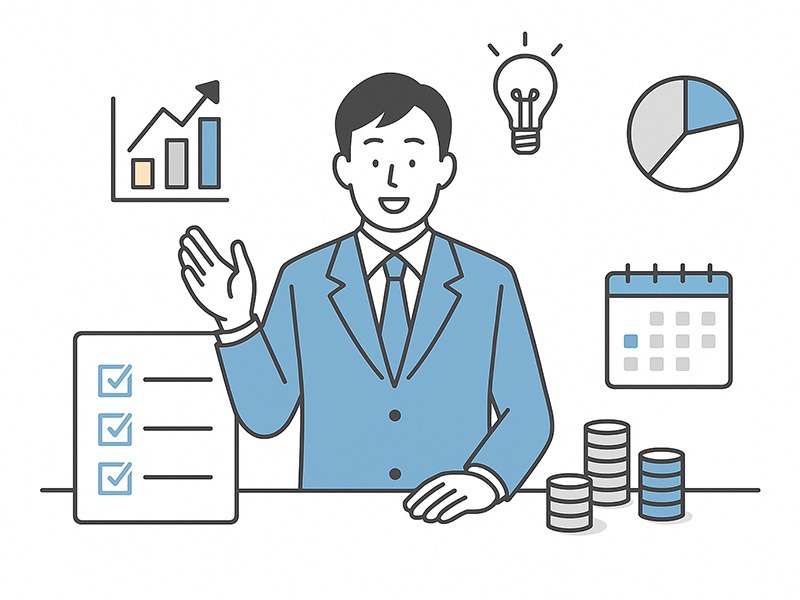 イーキャリア掲載オプション一覧を比較する採用担当者たちを描いた横長イラスト。複数のオプション内容や効果を分析し、最適な施策を検討している様子を表現。