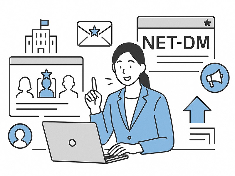 イーキャリア掲載を強化するオプション活用法を表すイラスト。採用担当者がスカウトメールやNET-DM、カテゴリ上位表示などの施策を検討している様子を描き、背景に広告やメール、分析グラフのアイコンが配置されている。