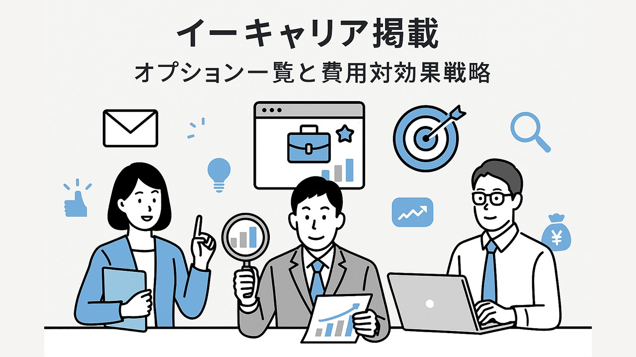 イーキャリア掲載オプションをテーマに、複数の採用担当者が各種オプション商品を比較・検討している横長イラスト。メール・ターゲット・ランキング・企業ページなどのアイコンが並ぶ構図。