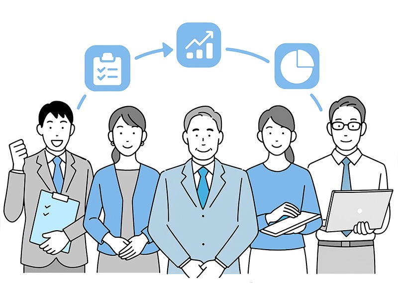 イーキャリア掲載で採用効果を分析し定着率を高める様子を描いたイラスト。採用担当者がPCでデータを確認し、閲覧数・応募数・通過率などの分析を通じて改善を進めている。