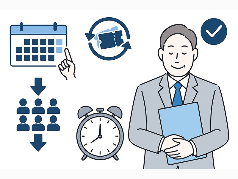 イーキャリア掲載期間と料金割引の仕組みを表すフラットイラスト。採用担当者がカレンダーや割引アイコンを確認している横長構図。