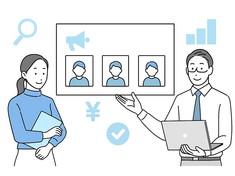 イーキャリア掲載プランの選び方をテーマにしたフラットイラスト。採用担当者が費用や掲載期間を比較して議論している横長構図。