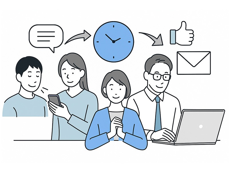 イーキャリアのスカウト送信後のフォロー戦略をテーマにしたイラスト。採用担当者が返信対応や再アプローチを行い、カレンダーやメールアイコンで段階的な対応を表現。