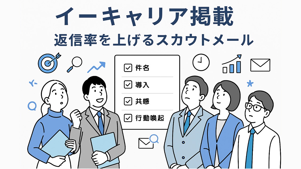 イーキャリア掲載で返信率を上げるスカウトメールをテーマにした別パターンのイラスト。複数の採用担当者がチェックリストを見上げながらスカウト戦略を検討している様子を描く。