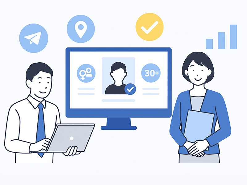 イーキャリア掲載でスカウト効果を最大化する採用チームのイラスト。AI分析画面をもとにスカウト戦略を設計する様子を表現。