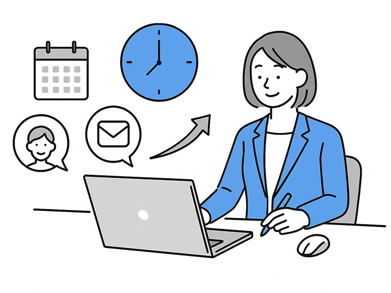 イーキャリアのスカウト返信率を高める文面テンプレートをテーマにしたイラスト。採用担当者が件名・導入・共感・行動喚起の4構成を確認しながらスカウト文面を作成している様子を描く。