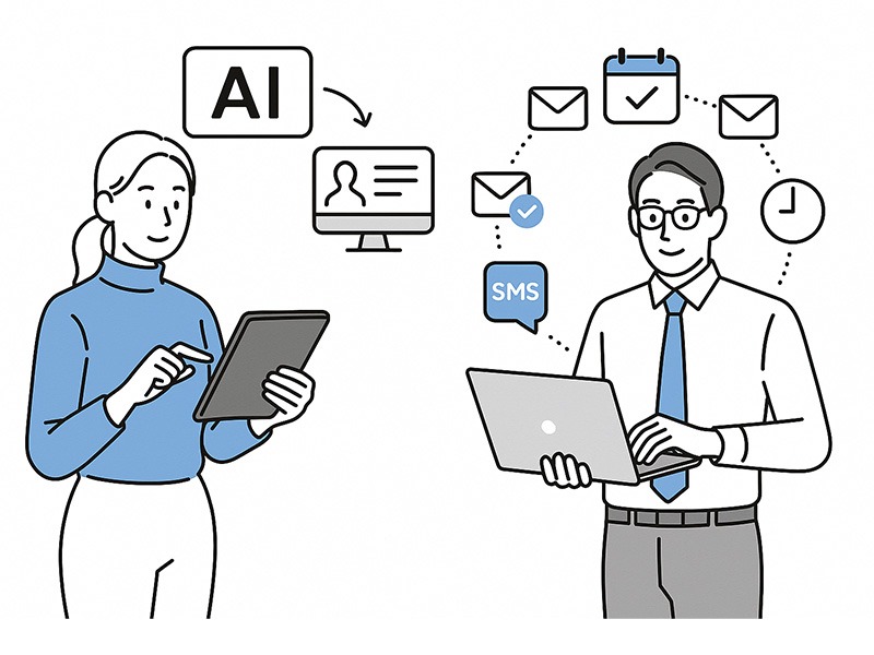 イーキャリアのスカウト返信率を高める配信タイミングを表現したイラスト。採用担当者がAIレコメンド画面を確認しながら配信曜日や時間を設定している様子を描く。