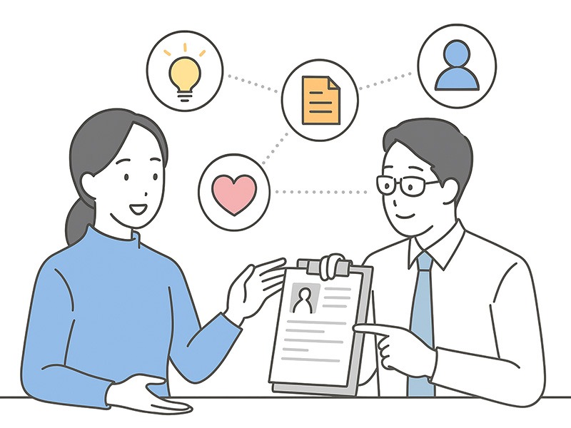 イーキャリア掲載で応募数を増やすためのタイトルと仕事内容改善を表現したイラスト。採用担当者たちが求人原稿を分析し、見出しと本文の構成を話し合っている様子を描いている。