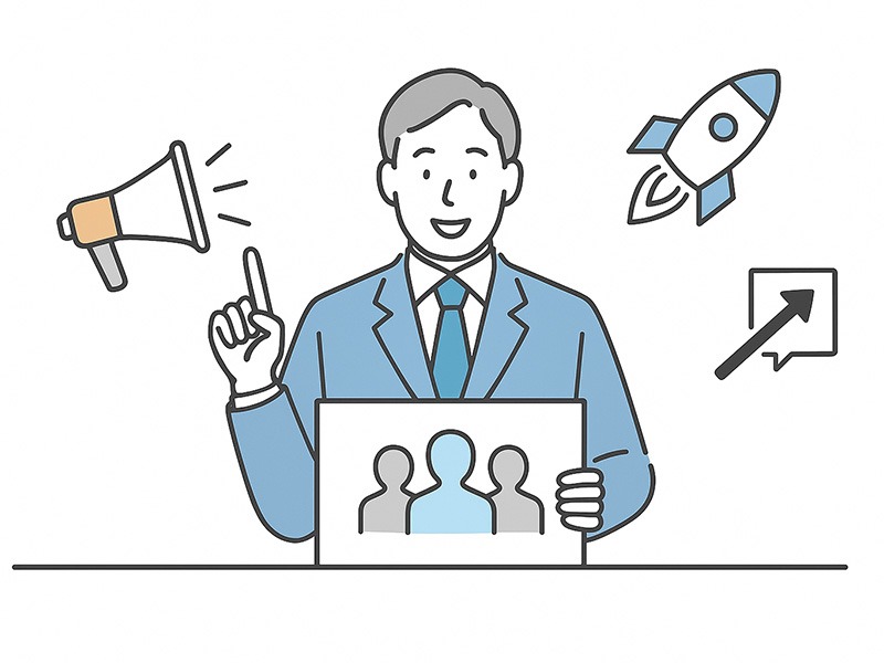 イーキャリアのトップページ表示オプションをイメージした横長イラスト。採用担当者が求人の露出位置を確認し、クリック率やアクセス増加を示すアイコンが配置された構図。