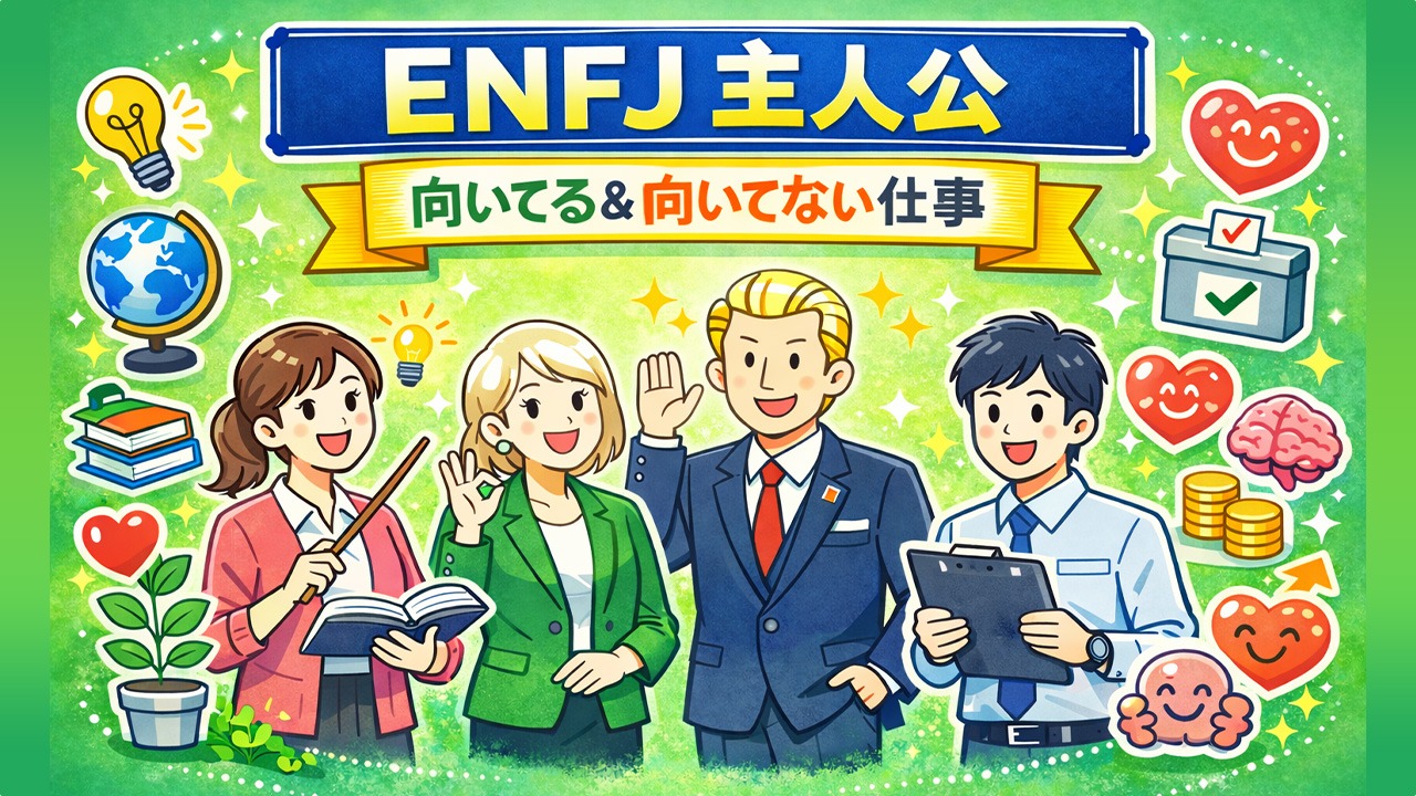 ENFJ主人公タイプに向いてる仕事・向いてない仕事を教師・カウンセラー・政治家・人事のイラストで解説