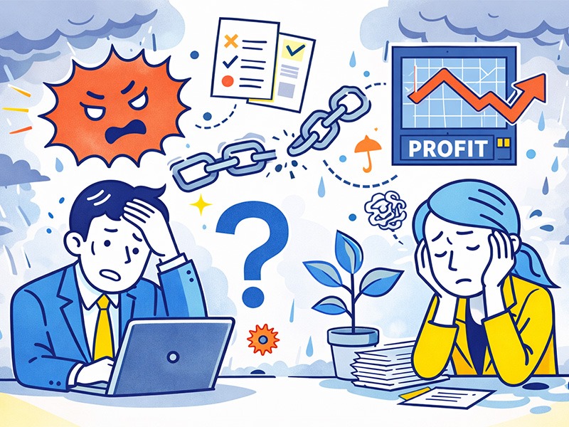 ENFJ主人公が向いてない仕事の特徴を示すイラスト|感情負荷の高い環境や貢献が見えにくい職場イメージ