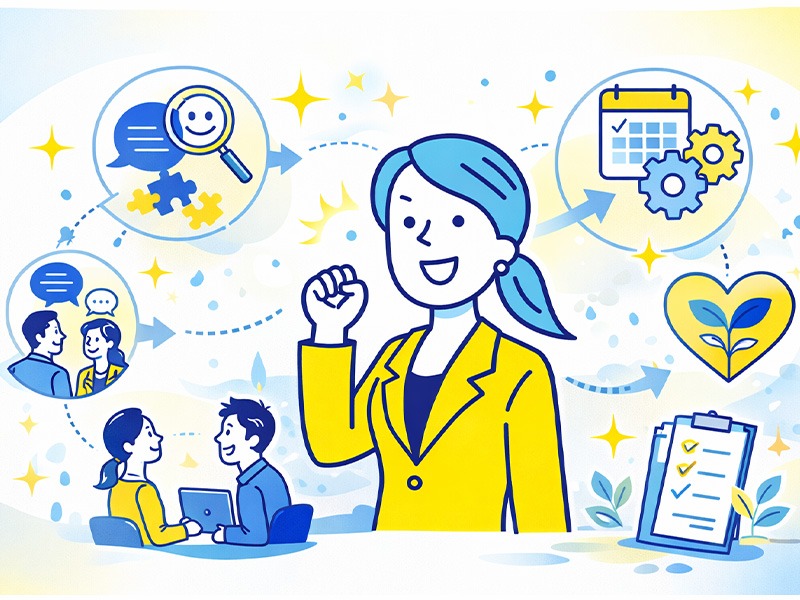 ENFJ女性が向いてる仕事と活かせる強みを表現したイラスト|対人理解・調整力・成長支援を示すビジュアル